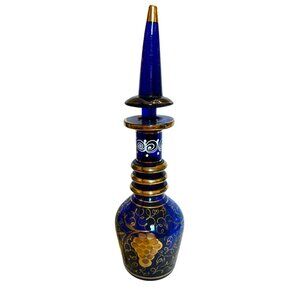 Vintage Bohemian Persian Hand-Painted Cobalt Blue & Gold Glass Decanter